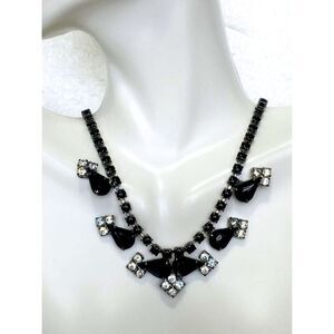 Vintage Black Faceted Glass Sparkly Rhinestone Gunmetal Choker Necklace 14.5”